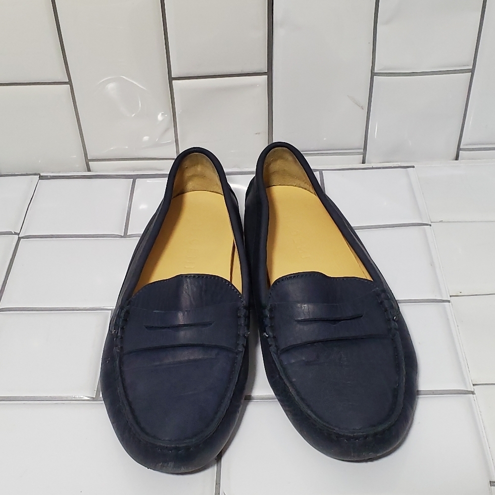 M. GEMI Navy Leather Driving Loafers  Pebble Botto